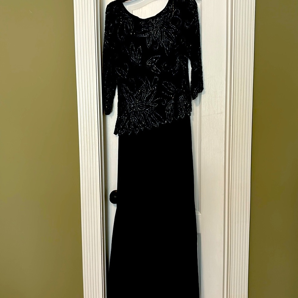 Formal navy blue crepe dress (long) with beaded top.